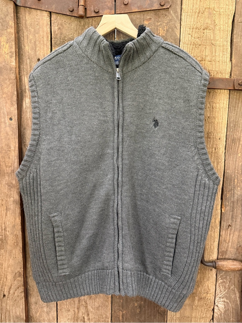 US Polo Assn Mens Full Zip Sweater Vest Gray Sherpa Lined X-Large